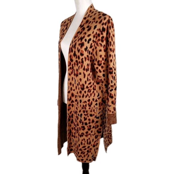 Rachel Zoe Leopard Print Duster Cardigan Sweater XL Open Front Pockets Cheetah - Picture 3 of 6